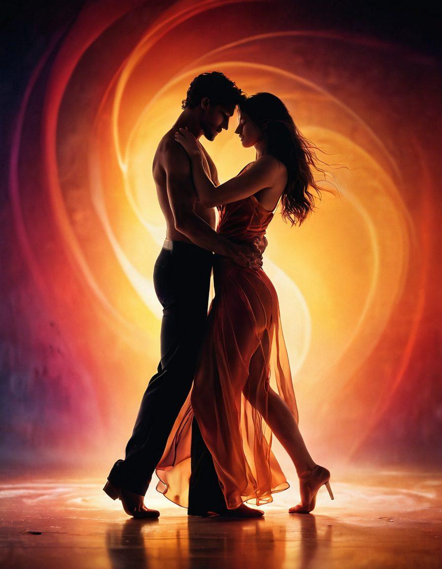 A captivating scene depicting two figures entwined in a dance of intimacy, surrounded by ethereal waves symbolizing desire. Soft, glowing lights hint at passion, while abstract shapes suggest the complexities of modern relationships. The background fades into a gradient of warm colors to evoke emotion. surrealism. vibrant colors. soft focus.