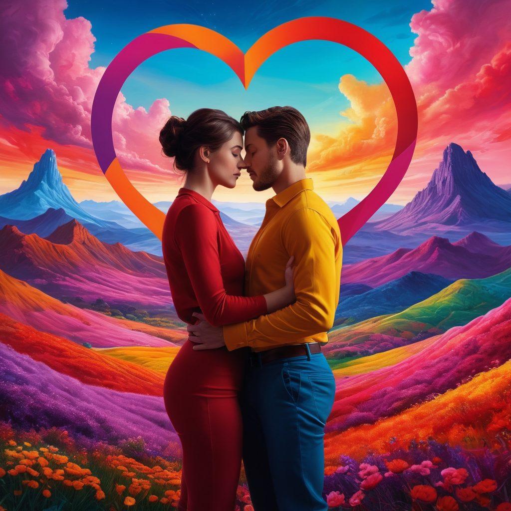 A passionate couple intertwined in an intimate embrace, surrounded by a surreal landscape that symbolizes the spectrum of male sexuality. Vivid colors swirl around them, representing different emotions from affection to ecstasy, with abstract shapes conveying desire and connection. Subtle symbols of modern love, like digital hearts and gender symbols, blend into the background. The scene should evoke warmth and complexity, inviting viewers to explore deeper themes of intimacy. super-realistic. vibrant colors. dreamy background.