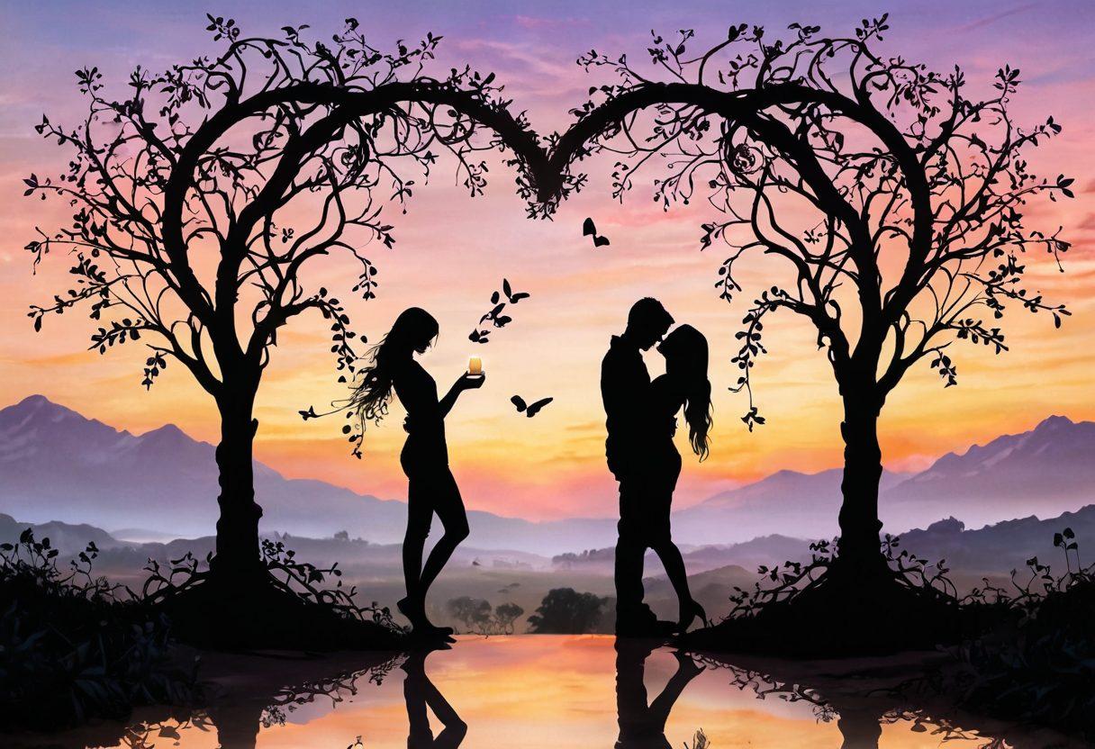 A romantic scene featuring two intertwined silhouettes with a warm glow, surrounded by delicate hearts and abstract symbols of connection. In the background, a dreamy landscape with soft pastel colors symbolizes harmony and desire. Elements like intertwined vines and butterflies enhance the sense of growth in relationships. super-realistic. vibrant colors. soft focus.